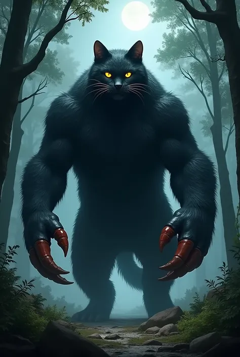 Cat with crab claws , gigante, with black fur, standing,  in a forest at night 