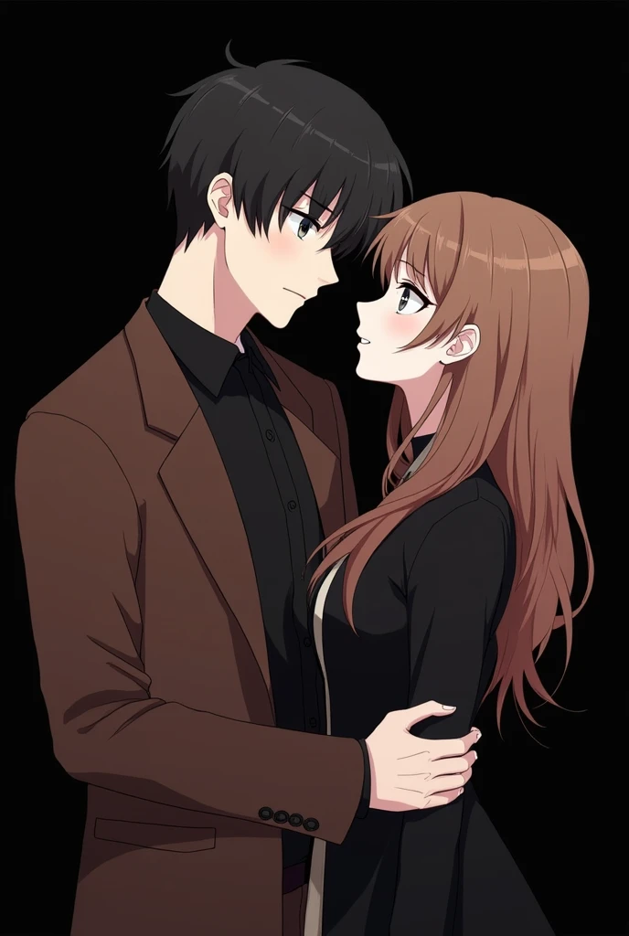 An anime cartoon men with handsome diamond faceshape wearing black shirt brown suit with no tie and with korean curtain cut hairstyle with white skin with black eye and an anime cartoon girl with pretty face wearing balck and brown blouse with long wave ha...