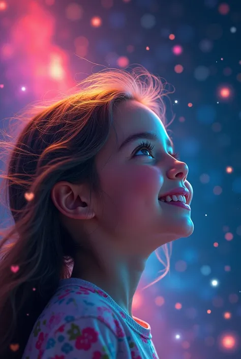 1 girl, smile, Colors of the rainbow,  dramatic angle , space, ( floating color sparks: 1.3),  dramatic lighting ,  contrasts of light and shadow, reflective depth 