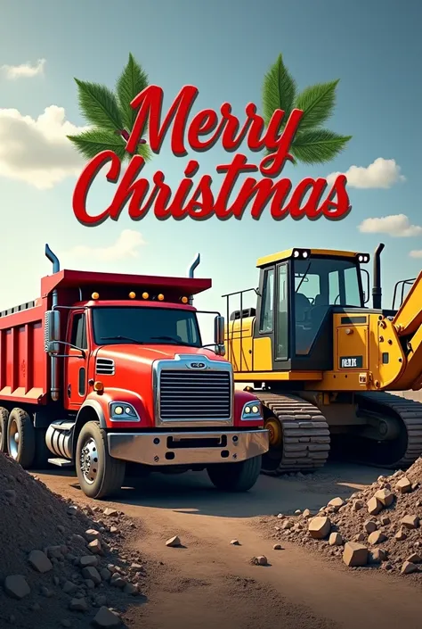 Freightliner dump truck and Caterpillar excavator and letters that say Merry Christmas 
Villeda Alvarado and Ferreblock construction company wishes them 
