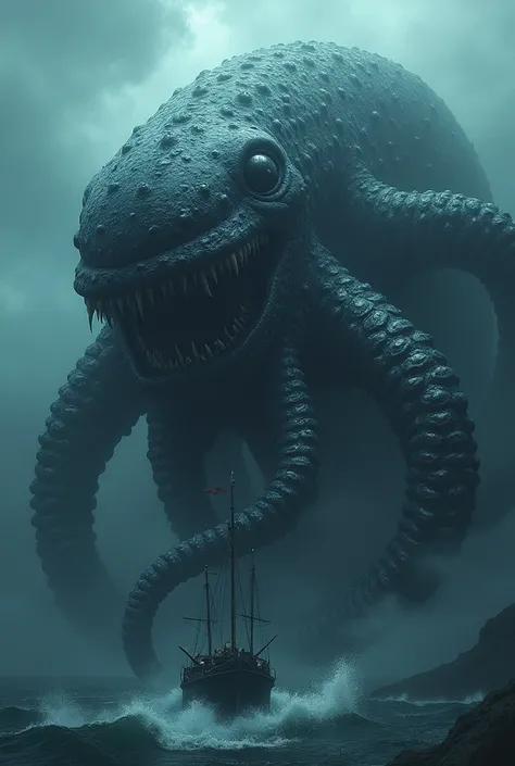  The sea monster is a gigantic creature ,  with the body of a whale and squid tentacles . Your skin is dark,  with spots that shine threateningly .  Its tentacles are long and covered with suction cups ,  ready to grab everything it finds .  The head has h...