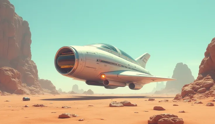 A retro-futuristic spacecraft landed on a desert-like planet under a pale blue sky, inspired by 1970s sci-fi illustrations. The ship features smooth curves, metallic white and silver tones, and glowing orange lights. In the background, ancient ruins rise f...