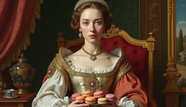 Catarina de Medici holding macarons 