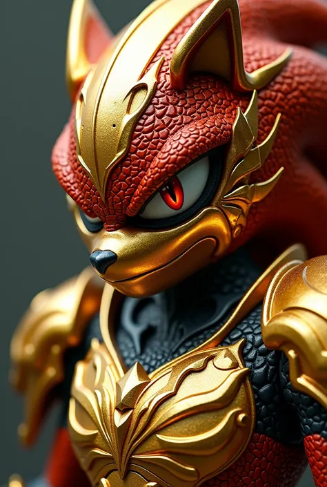 um close-up de uma arte pixelada de um sonic the hedge, draconic looking armor,  intricate and shiny mechanical armor ,  shiny armor,  shiny armor de alta tecnologia, heavy golden armor,  shiny plastic armor ,  golden armor  wearing, heavy red armor,  gold...