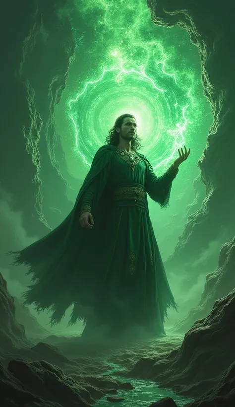 Handsome God Loki Repairing Irregular Multiverse With One Finger Finger Masterpiece, Accurate, Best Quality, Award Winning, Damaged, Lens Flare, Image Fill, Color Green Black, Green Aura, 