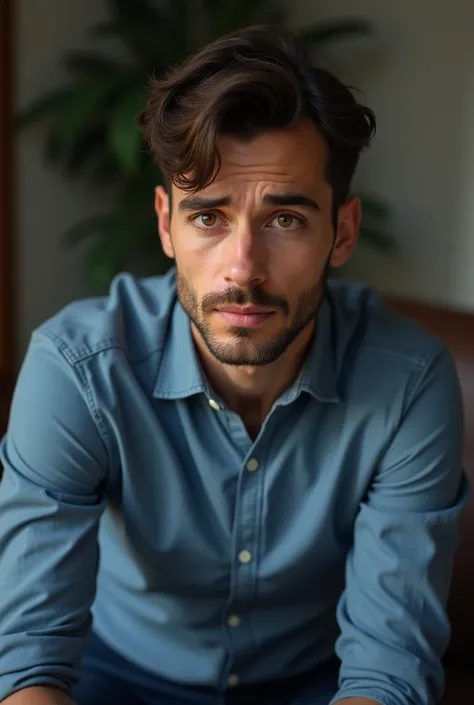 30-year-old man sitting like black hair without beard brown eyes wearing blue shirt and navy blue pants feeling 