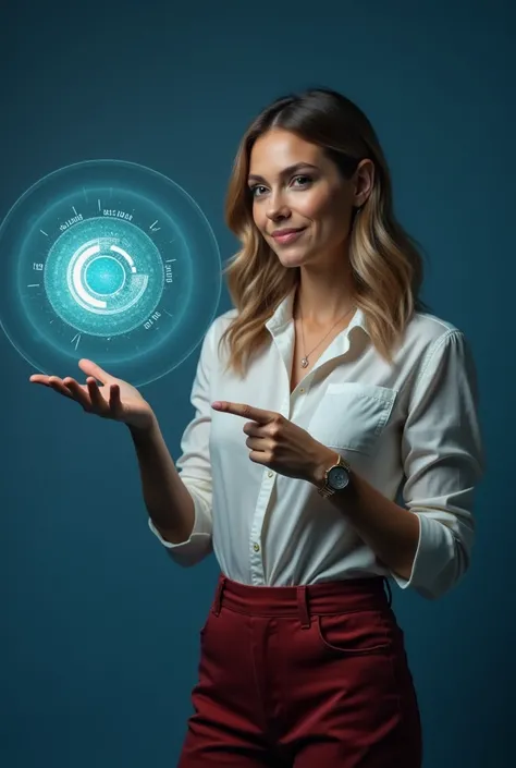 Jessica steps into the frame, standing confidently. She points to a holographic spinning coin that shifts between different volatile values.

Gesture:
Jessica waves her hand in a circular motion, showing the fluctuating values of a typical cryptocurrency o...