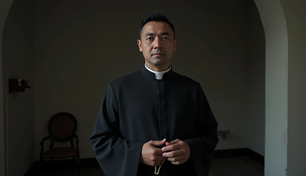 **Prompt em inglês:**  
Emiliano, a 40-year-old priest, depicted in a realistic and cinematic style, standing in a dimly lit room. He has a round face with soft, calm features, short neatly combed black hair, and deep brown eyes filled with empathy and qui...