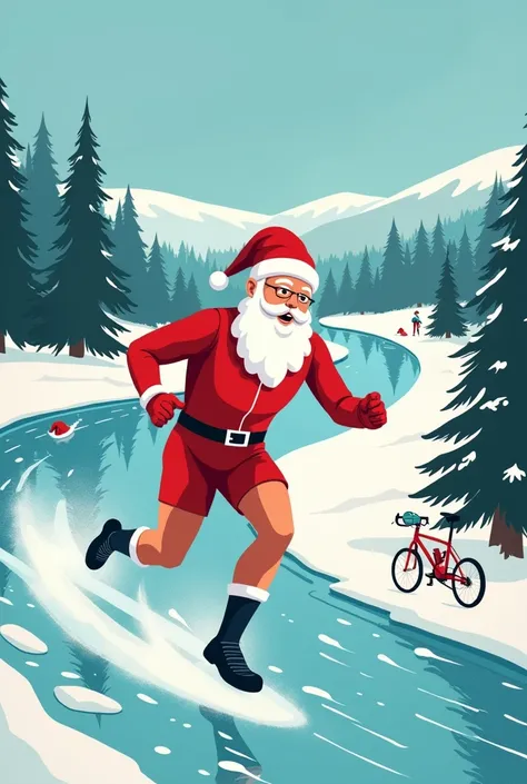  make me a Christmas card with Santa Claus representing triathlon in some way with the 3 sports, Swim, bike and run 