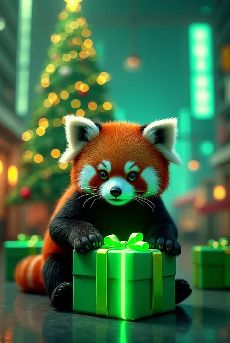 Red panda in cyberpunk style, opening xmas gifts wrapped in green neon paper,  having on the bachground xmass tree decorated with green neon lights