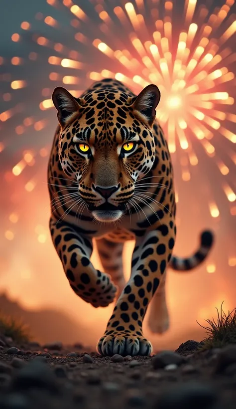 Panthera onca escaping pyrotechnics scared