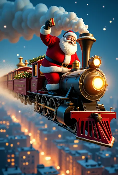 Santa Claus, On your train flying through a city delivering a gift