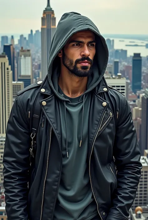 HIGH GRAPHIC ILLUSTRATION IN MODERN COMIC BOOK STYLE,  DARK GRAY HOODED GRAY SWEATSHIRT PLACED,  young man , with short and pronounced mustache and beard on the chin,  leather gloves ,  black leather jacket  , New York City, FROM A SKYSCRAPER A SERIOUS LOO...