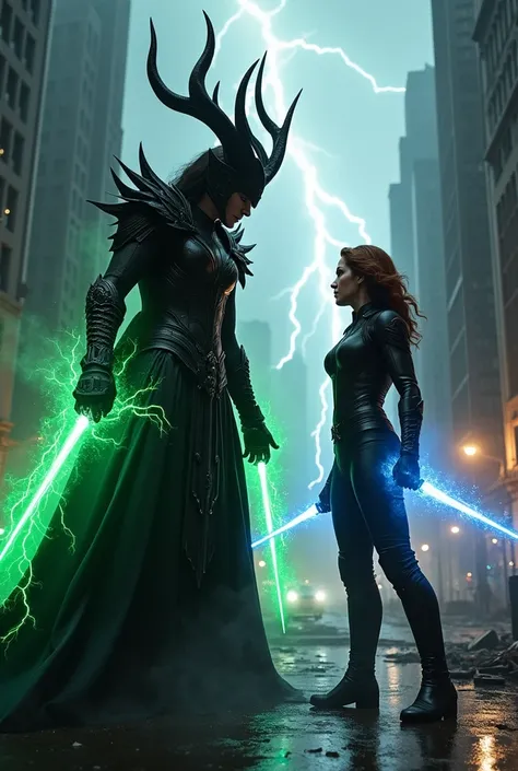 "A cinematic face-off between Hela and Black Widow in a dark, stormy cityscape. Hela, towering and menacing, wears her intricate black Asgardian armor with her signature spiked headdress, surrounded by green mystical energy. Opposite her, Black Widow stand...