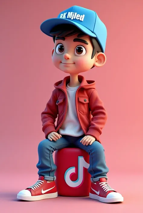 Create a 3D illustration of an animated nerdy look skinny man character sitting casually on top of a social media logo "TikTok". The character must wear casual modern clothing such as blue cap with name RK MJLed written on it, red jeans jacket  and sneaker...