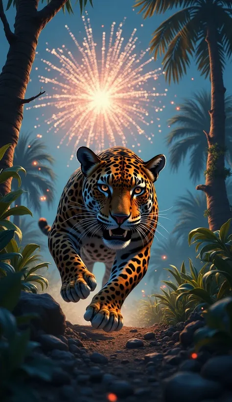 Panthera onca escaping fireworks with fear at night in the jungle 