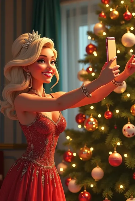 Becky crocker taking a selfie beside a Christmas tree wearing a gown