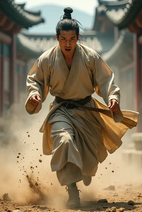 A dramatic action scene featuring a man in traditional Korean attire, running intensely through a chaotic environment. His face shows determination and urgency, with dirt and sweat emphasizing the intensity of the moment. Dust and debris fly around as the ...