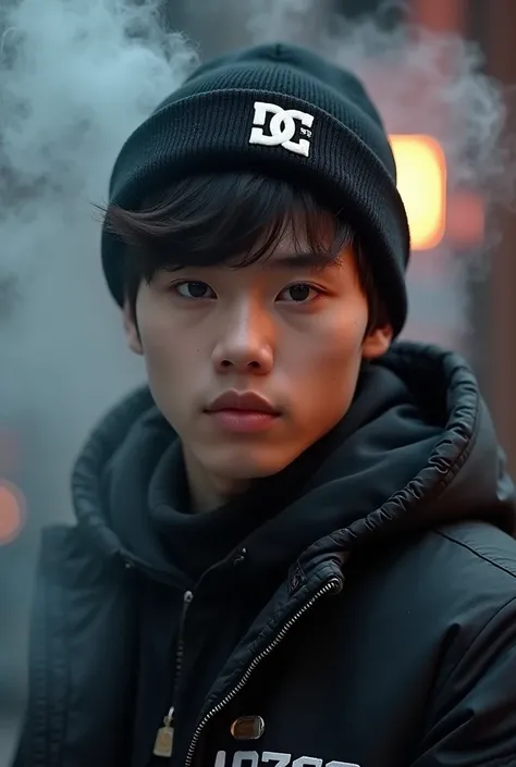 Create a 3D image of a handsome 27 year old Korean looking boy, wearing a black beanie hat with the DC logo, a man wearing a black jacket that says "DC MOzza" with smoke artistically forming a Computer Photoshop editing frame.