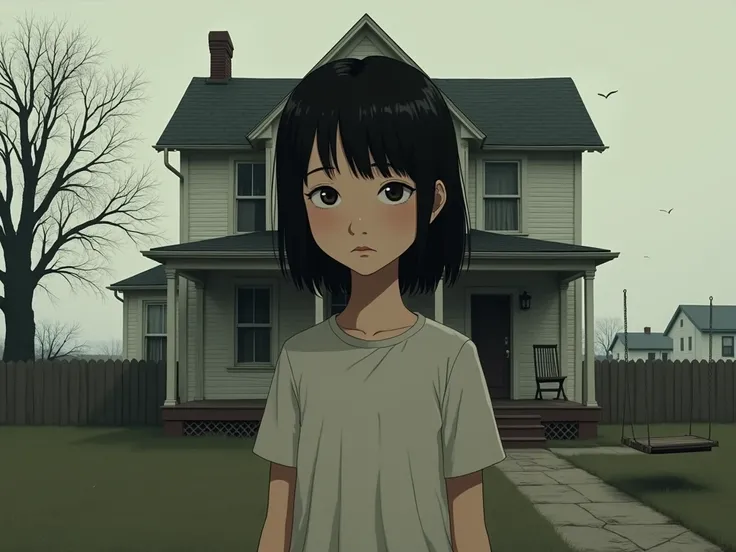 Image of a sad  girl in front of the house