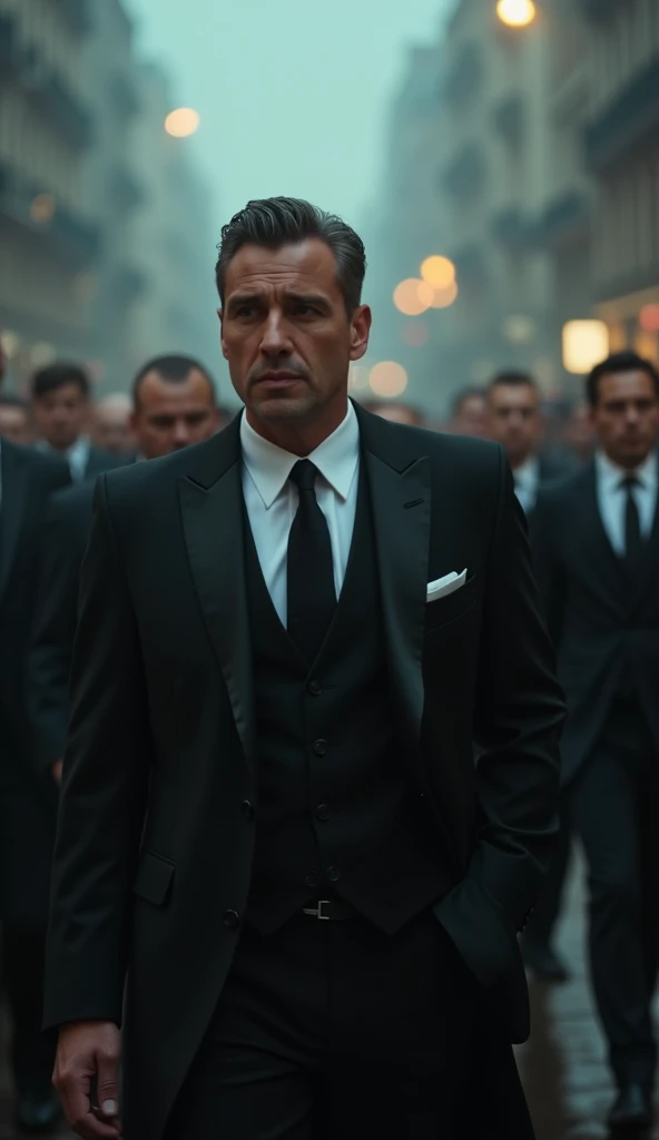 " a picture of a mafia leader walking confidently through the streets of a city covered with light fog, wearing an elegant black suit with a dark neck strap. His facial features are sharp and his eyes are full of confidence and strength, as if every step h...