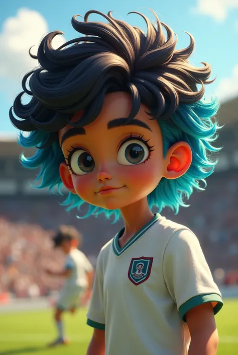 A  soccer player with curled hair and blue hair on the tips and a bit chubby 