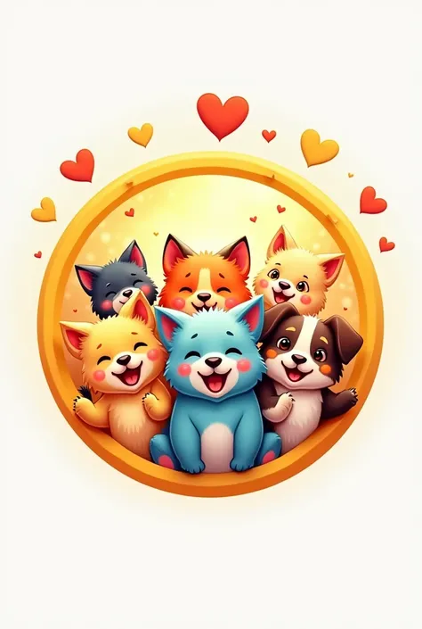 I want a logo for my Facebook page that says a place of happiness and laughter in the background, very cute animals, colorful kittens, cute little dogs and a circle around it in yellow. 