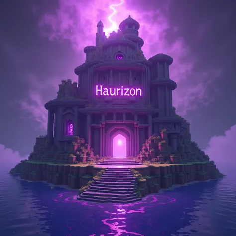 Un donjon avec une iles. Tout cela en style minecraft avec des blocks couleur plutôt violette avec en fond une nuance qui fait penser à de la magie. Au centre, il faut écrire Haurizon assez visible