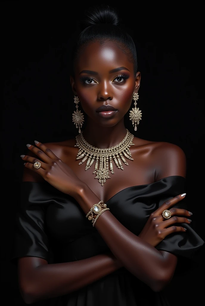 Portrait of a woman with black skin with satin black dress and black background and very shiny and precious jewelry