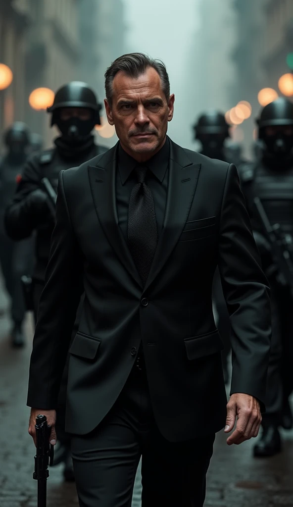 " A picture of a mafia leader walking confidently through the streets of a dark city, wearing an elegant black suit with a dark tie . His facial features are sharp and his eyes are full of strength and authority, as if every step he takes reflects his pres...