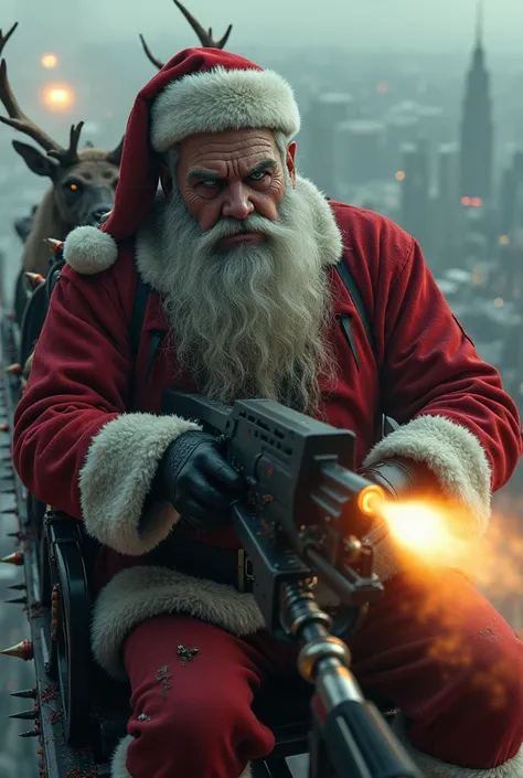 (photorealism:1.2),close up, Santa Claus on his sleigh in the sky, shoots at the city with machine guns mounted on the sleigh, evil reindeer pull the sleigh