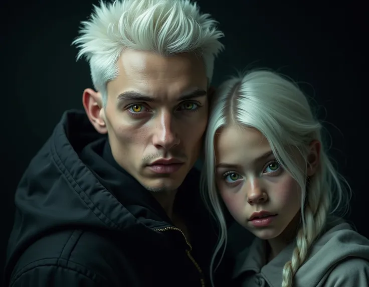 19age ,sexy boy golden snake eyes, white hair, darkness, 4K, sharp focus, dramatic lighting, studio quality, protects her daughter,the daughter has white hair, one eye is green and the other is gold,