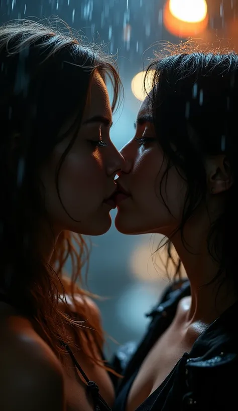 A passionate lesbian kiss in the rain at night, close-up of lips, intimate, erotic, sensual, dramatic lighting, soft focus, cinematic, 8k, best quality, masterpiece, photorealistic, high-resolution, stunning details, chiaroscuro lighting, moody atmosphere