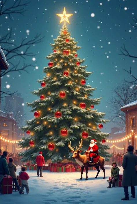 Create a realistic Merry Christmas image with big Christmas tree , santa claus riding a reindeer, with snowfall, and lots of people and s celebrating Christmas , decorations and celebration, also Add a text Merry Christmas in the image 