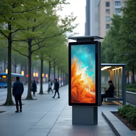 A high-quality, realistic image showcasing a multimedia screen mounted on a modern lamp post located near a public transportation stop. The screen is positioned at an optimal height for visibility and displays a vibrant, professional-quality video featurin...