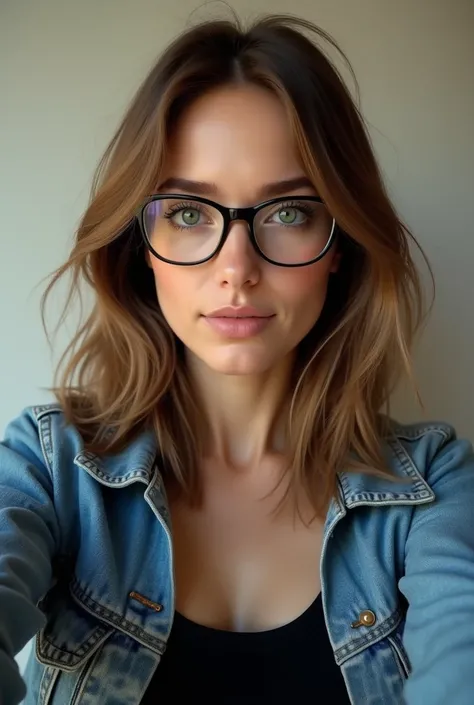 white woman,  with light brown hair ,  green eyes, thin round glasses, denim jacket and black t-shirt underneath ,  medium breasts taking a hyperrealistic selfie of her 