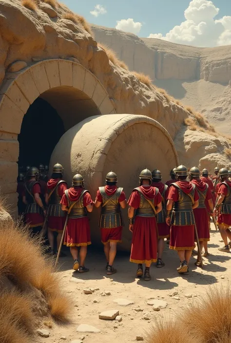 A group of Roman soldiers rolling a large circular stone to close a Jewish tomb