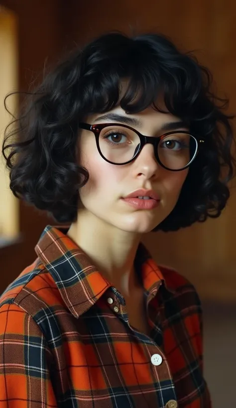 a young woman of 20 years old.  She has short curly black Chanel-style hair .  She wears a black and orange plaid shirt with the buttons closed.  She wears big round nerd glasses .  She has big eyebrows and eyes ,  flattened and pulled at the corners ,  a ...