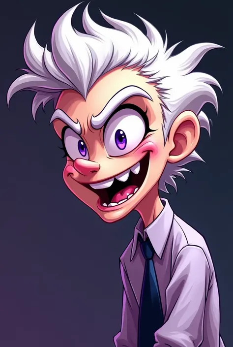 It is clear that the character is viewed from a side profile, their white hair meticulously styled. Their large, piercing purple eyes glint with a mischievous light, framed by a wide, almost unsettling smile as they look sideways, laughter echoing in the a...