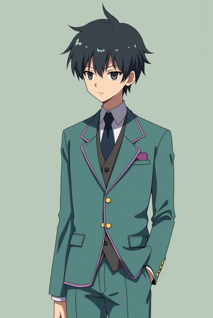 a anime boy with light greenish blue suit with purple outline of his coat standing in front, No emotions on his face i.e a straight face.