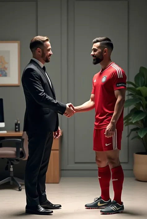 Make a man in a black suit shaking hands with a soccer player in a red shirt