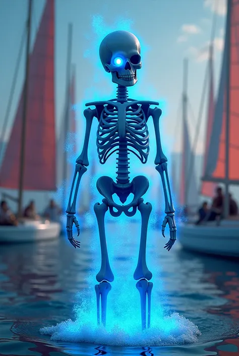  A one-eyed skeleton boy shining a blue aura, And a regatta  