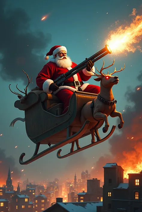 (photorealism:1.2),dynamic angry scene, angry evil ,Santa Claus on his sleigh in the sky, shoots at the city with machine guns mounted on the sleigh, evil reindeer pull the sleigh, fire from machone gun,Santa Claus sails through the night skies, view from ...