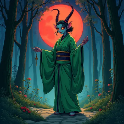 Hand drawn illustration with a Djinn monster in a green kimono in the middle of the forest at night with a red moon,  conceptual art,under the，  anime style  ，Dreamland Wonderland、Fantasy，  masterpiece  ，HD，colorful， detailed details 