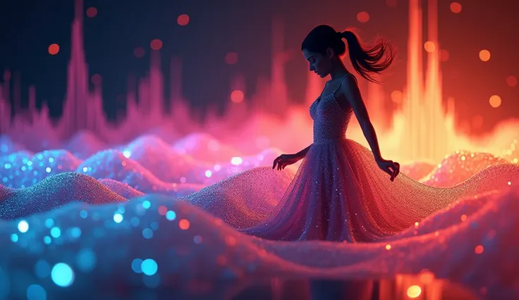 Exquisitely detailed 3D render of a dancing girls silhouette, revealed through a vibrant spectrum of sound wavelengths, harmonious intersections produce unique colors, low frequency waves drenched in rich hues of blue and purple, high frequency waves radia...