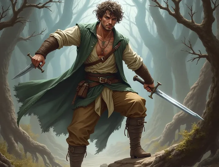 Medieval fantasy, 26 year old rogue white human, 6ft 2 inch tall, slightly muscular, short brown curly hair, stubble, piercing grey eyes, handsome, facial scars, lots of scars on body, wearing slightly open medieval shirt with tan medieval pants and brown ...