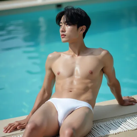 Masterpiece, Best quality, handsome Korean man, teenager, idol, oppa, Solo, short hair, view the viewer, Mature male, toned male, Tik, white g string, velocity, Bulge, Crotch, detailed bulge, Slim, slim thighs, Wet, Wet clothing, Wet bulge, genital contour...