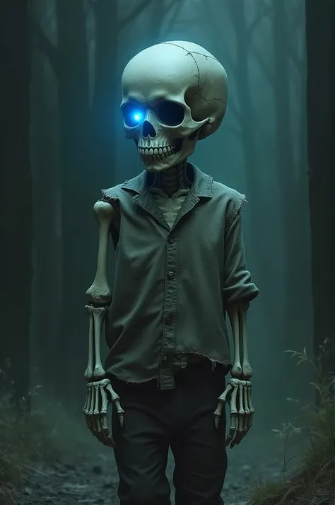 A skeleton boy in clothes and his eye glowing blue 