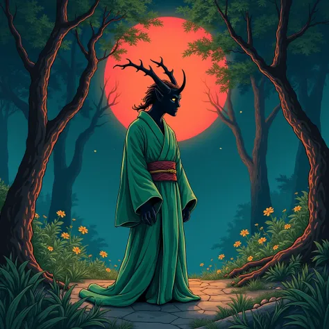 Hand drawn illustration with a Djinn monster in a green kimono in the middle of the forest at night with a red moon,  conceptual art,under the，  anime style  ，Dreamland Wonderland、Fantasy，  masterpiece  ，HD，colorful， detailed details 