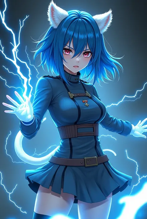  woman ,electrical forces,white tiger ears,white tiger tail,anime stylization ,blue hair ,military closewear